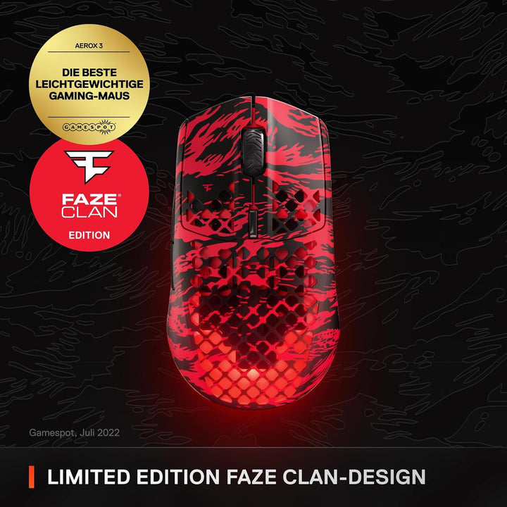 SteelSeries Aerox 3 Wireless - Faze Clan Edition - RGB Gaming Maus mit Öffnungen in der Oberfläche -