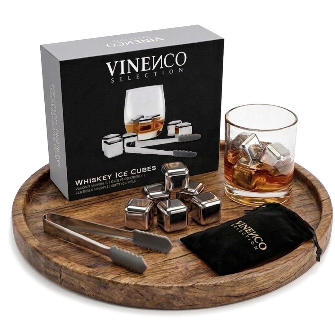Whisky Steine Set - 8 Wiederverwendbare Edelstahl Eiswürfel, Zange + Stoffbeutel, Whiskey Ice Cubes