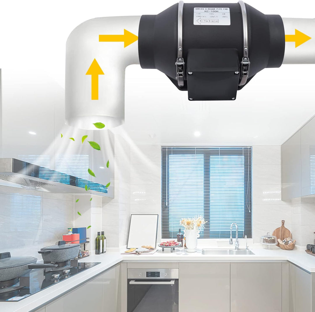 100mm Inline-Rohrventilator, Abluftventilator 220m³/h Fächerförmige Luftschaufeln EU-Stecker mit Sch