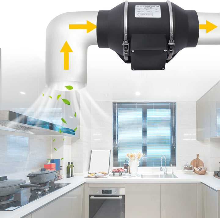 100mm Inline-Rohrventilator, Abluftventilator 220m³/h Fächerförmige Luftschaufeln EU-Stecker mit Sch
