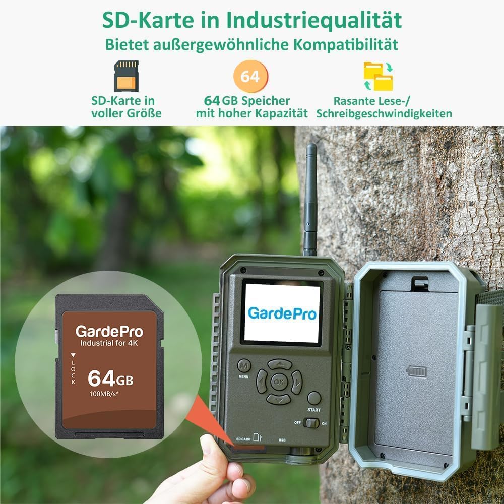 GardePro E8 Wildkamera WLAN mit 32 GB SD-Karte, 64MP H.264 1296P Video, 27m Infrarot Nachtsicht Bewe
