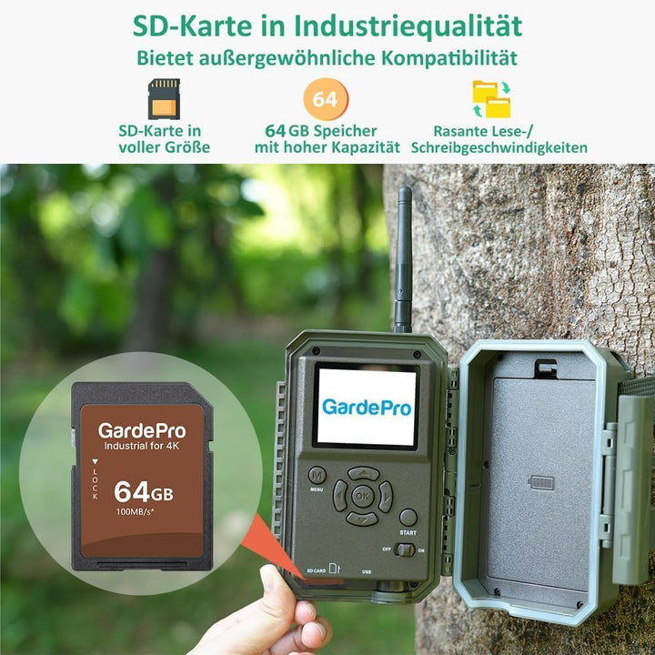 GardePro E8 Wildkamera WLAN mit 32 GB SD-Karte, 64MP H.264 1296P Video, 27m Infrarot Nachtsicht Bewe
