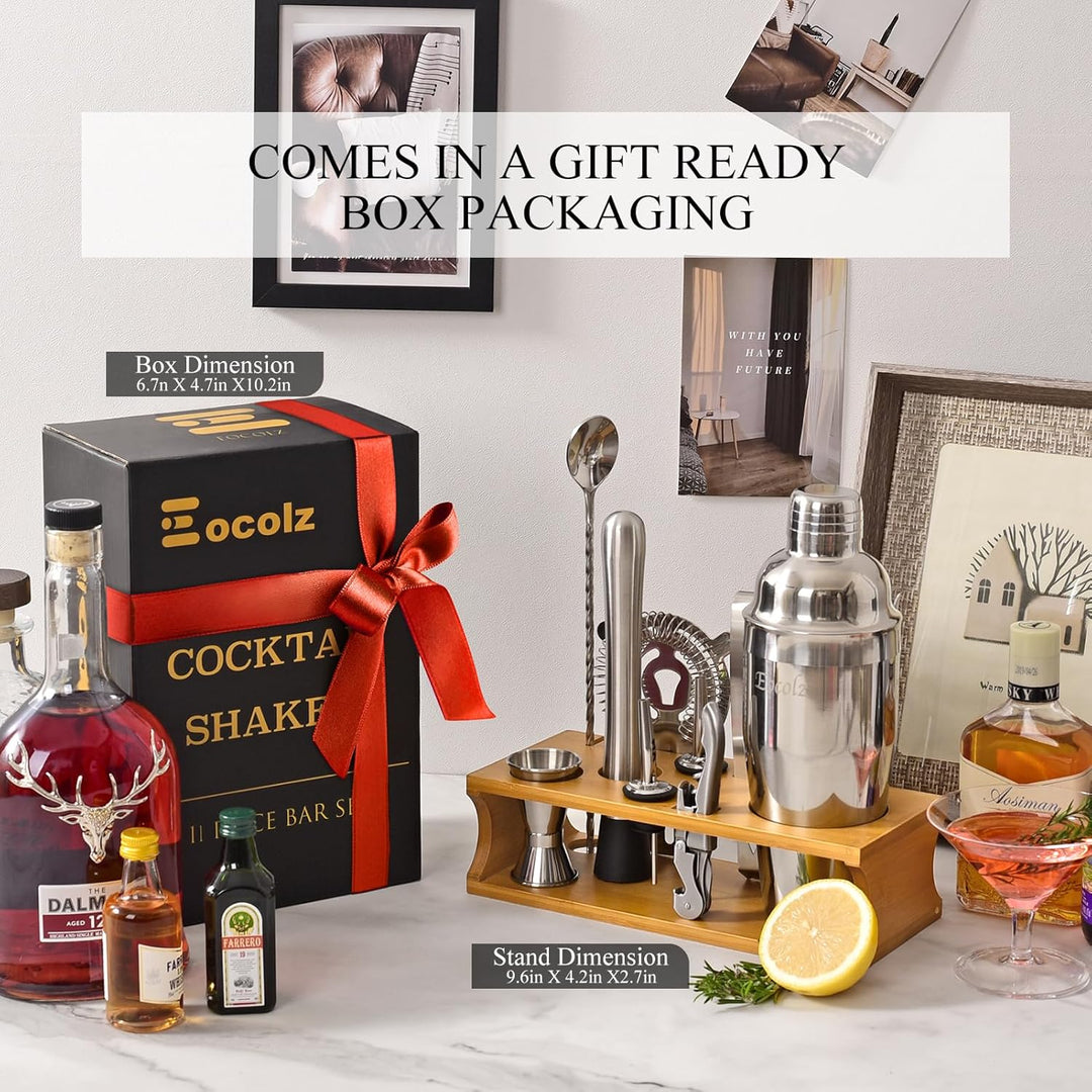Eocolz Cocktail Shaker Set Edelstahl Barkeeper Set Bar Zubehör mit Ständer, Doppeljigger, Sieb, Bar