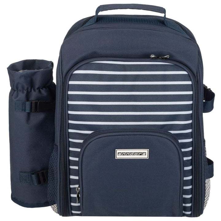 anndora Picknickrucksack mit Kühlfach blau weiss gestreift + Zubehör 15 teilig - 2 Personen Navy Bla