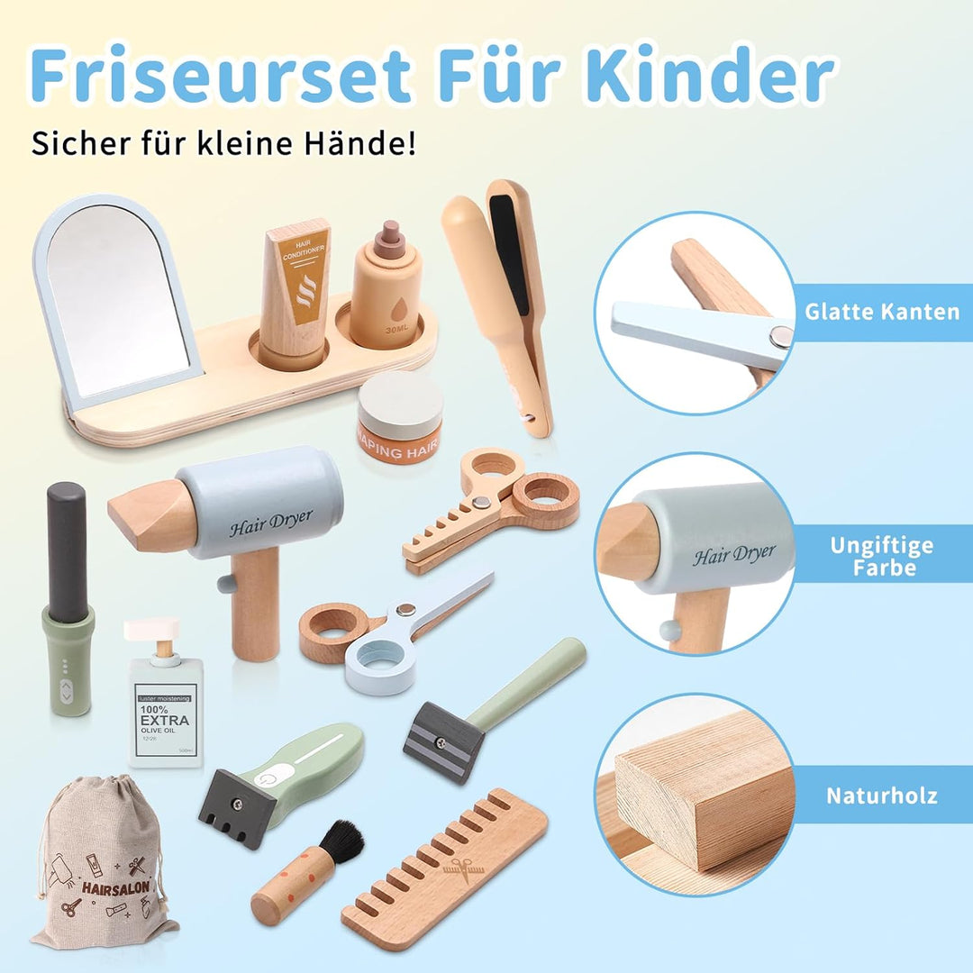 FIIOEOY Holz Friseur Set Kinder mit Haartrockner Lockenstab Haarstyling Rasierzubehör Salon Friseur