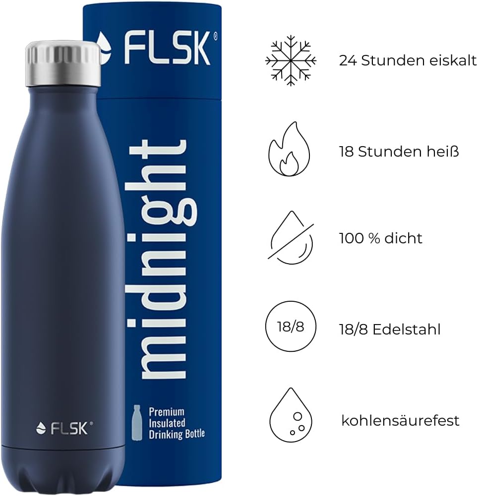 FLSK Trinkflasche – Premium Edelstahl Thermosflasche – 100% auslaufsicher & kohlensäuregeeignet – hä