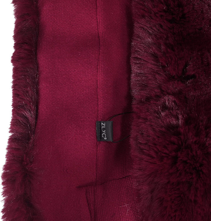 ZLYC Damen Winter Kunstpelz Poncho Cape Strick Schal Stola Warm Cardigan Burgund, Burgund