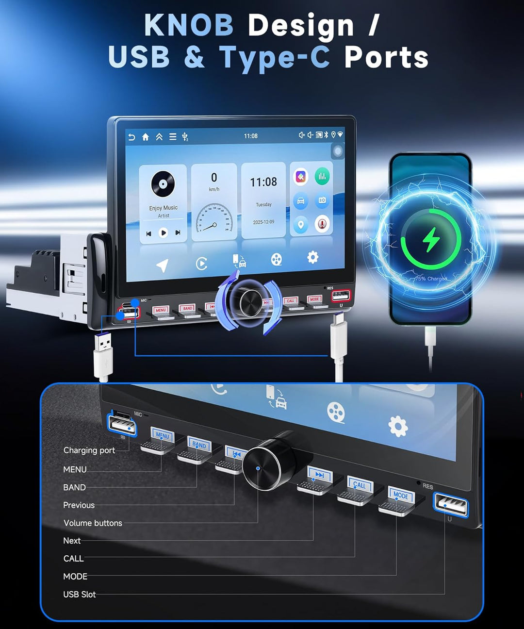 VECHTEL 4G+64G Android 15 Klaviertasten Autoradio 1 Din, 7'' IPS HD Touchscreen mit Drahtlos Carplay
