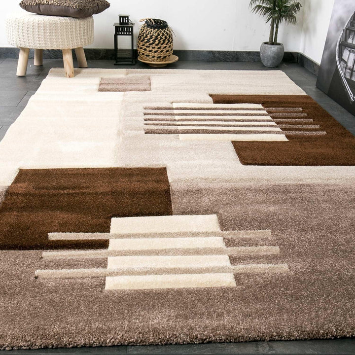 VIMODA Designer Teppich Kurzflor dichter Flor Wohnzimmer Braun Beige Kachel Linien mit Konturenschni