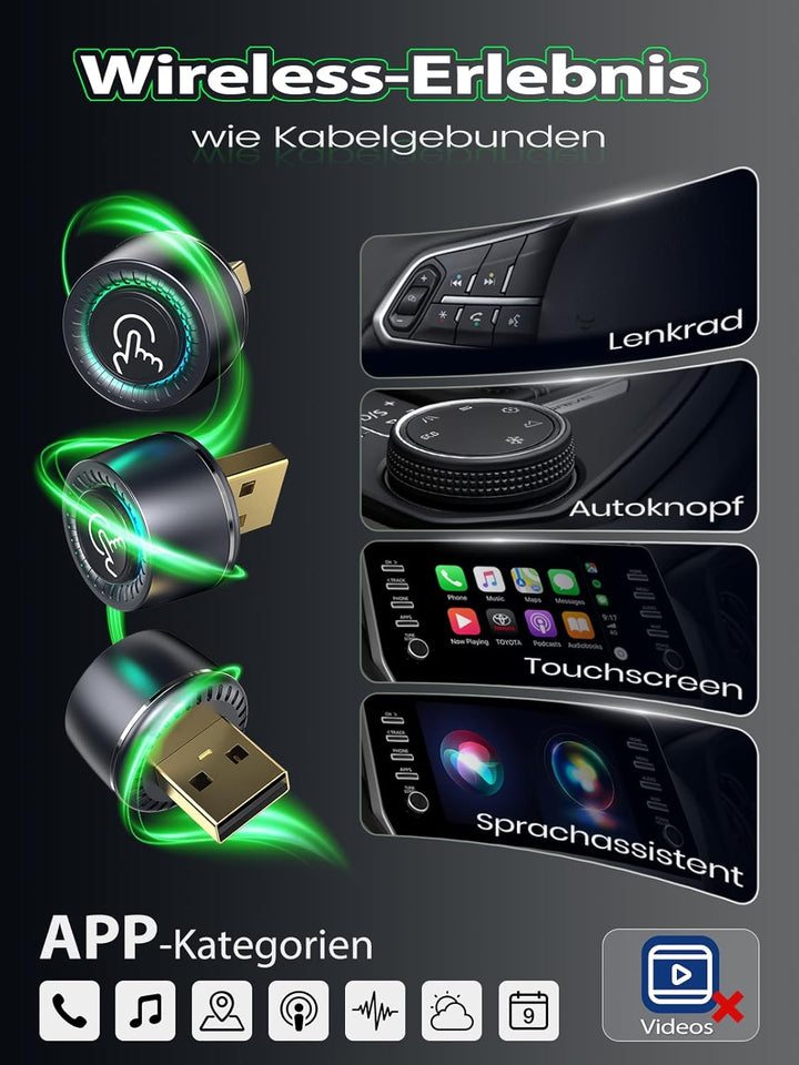 Versteckter CarPlay Wireless Adapter, 1-Tasten-Wechsel für 2 Phones, Kompatibel mit Apple CarPlay &