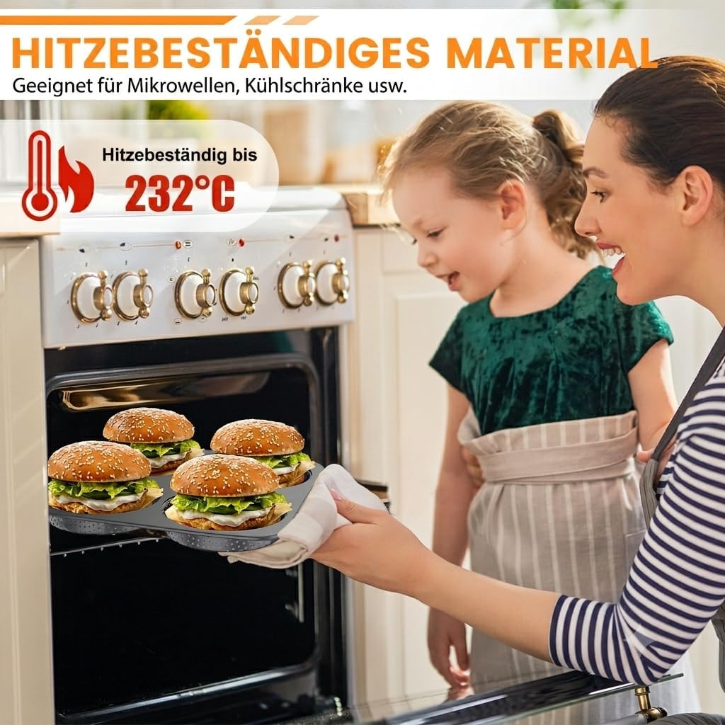 Burger Buns Backform, Perforierte Backform für 4 Burger Buns aus Karbonstahl, Brötchenblech Hitzebes