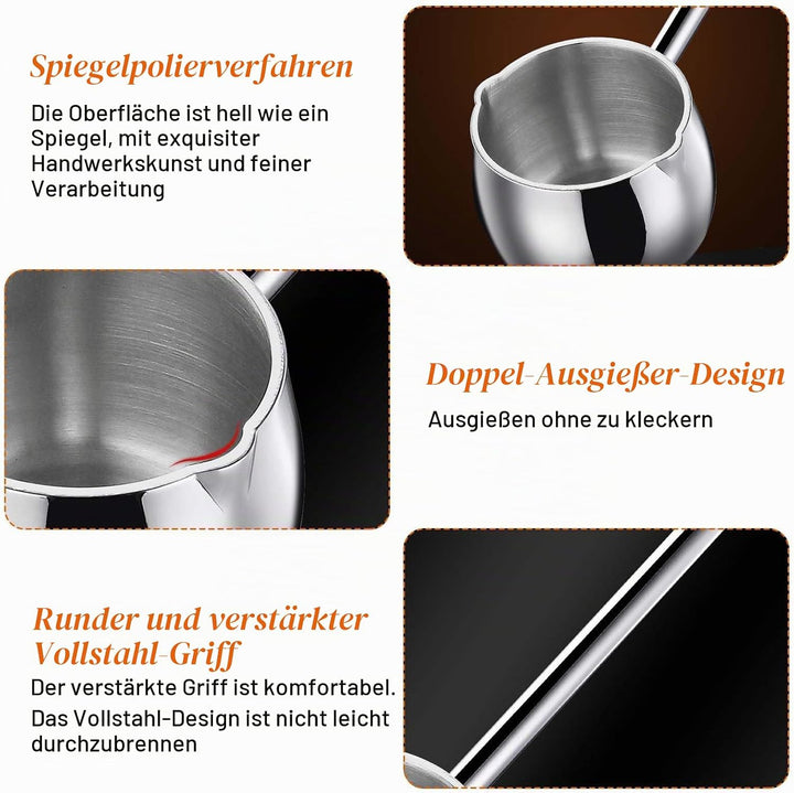 Mini Topf Milchpfanne mit Langem Griff, 300ml Kaffeekanne Butterwärmer mit Ausgiesser, Edelstahl Ind