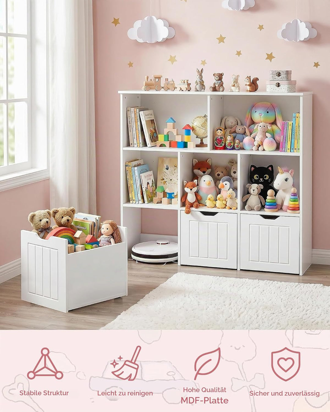 Kinderregal mit Boxen, Kinderzimmer Möbel, Spielzeugregal mit 3 Schubladen, Aufbewahrungsregal auf R