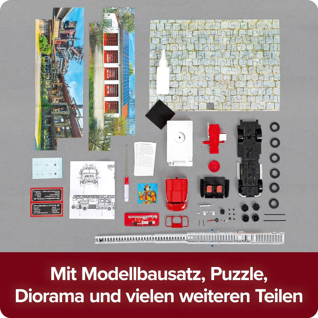 FRANZIS 67206 - Feuerwehr Adventskalender, Metall Modellbausatz des Mercedes-Benz L1519 im Massstab