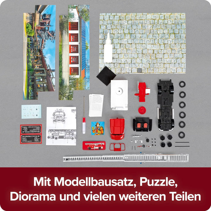 FRANZIS 67206 - Feuerwehr Adventskalender, Metall Modellbausatz des Mercedes-Benz L1519 im Massstab