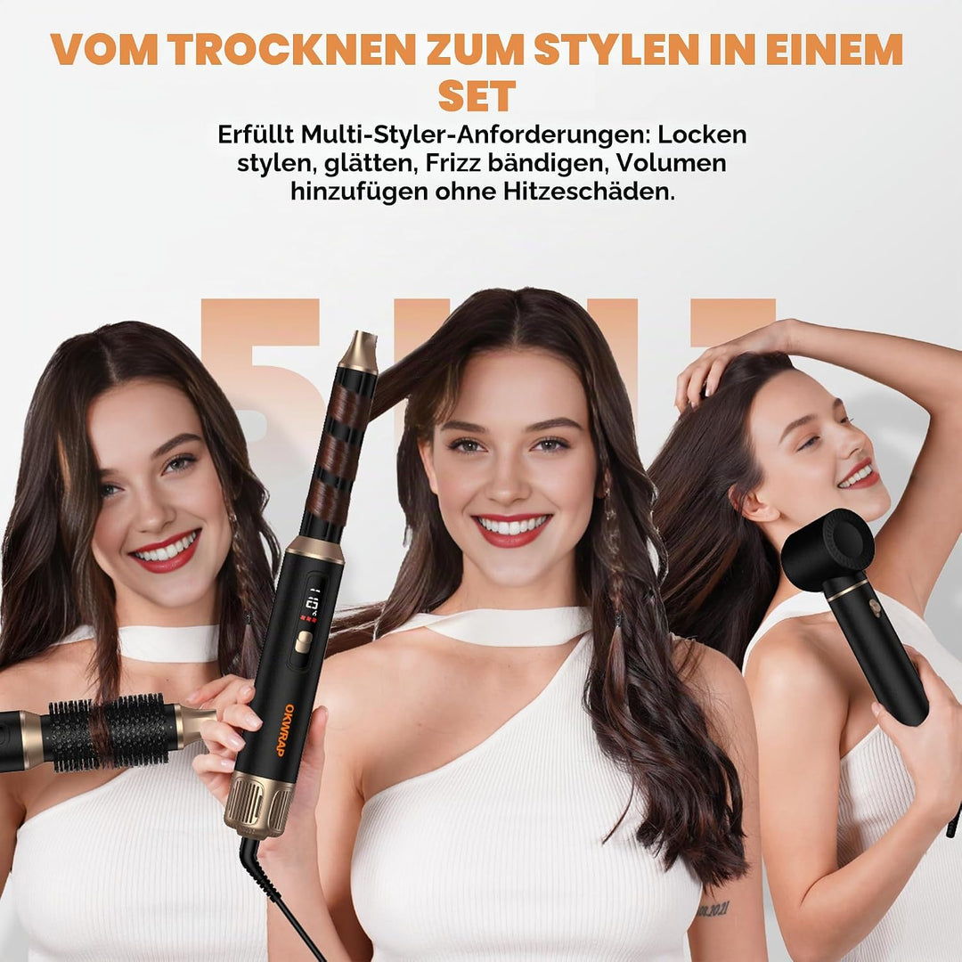 OKWRAP LCD Hairstyler 5 in 1 Haarstyler Airbrush, Hair Styler Set Mit Rundbürstenföhn Haarstyler War