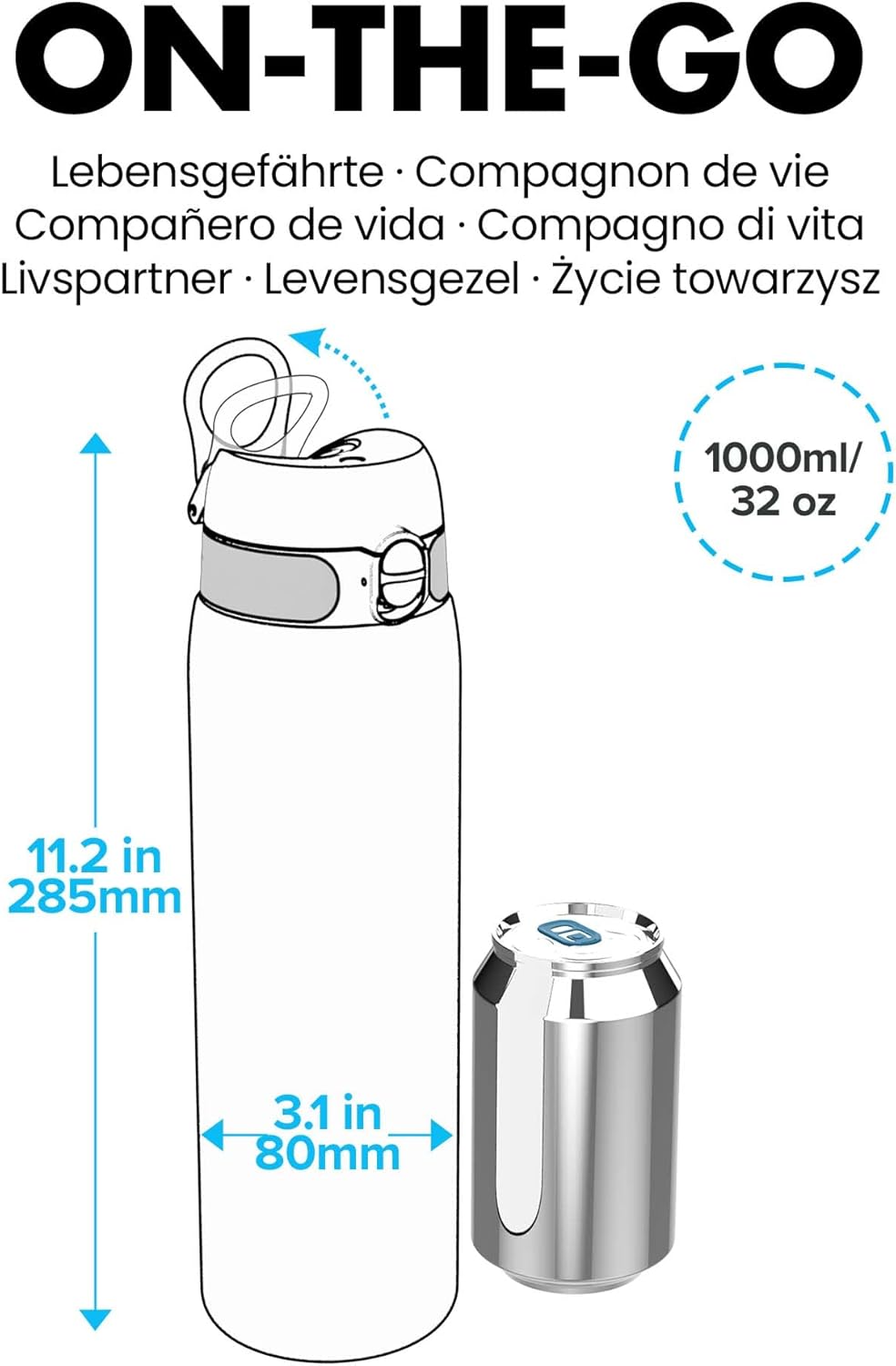 Ion8 1 Liter Trinkflasche, 1000ml, Auslaufsicher, Einhandöffnung, Sichere Verriegelung, Spülmaschine