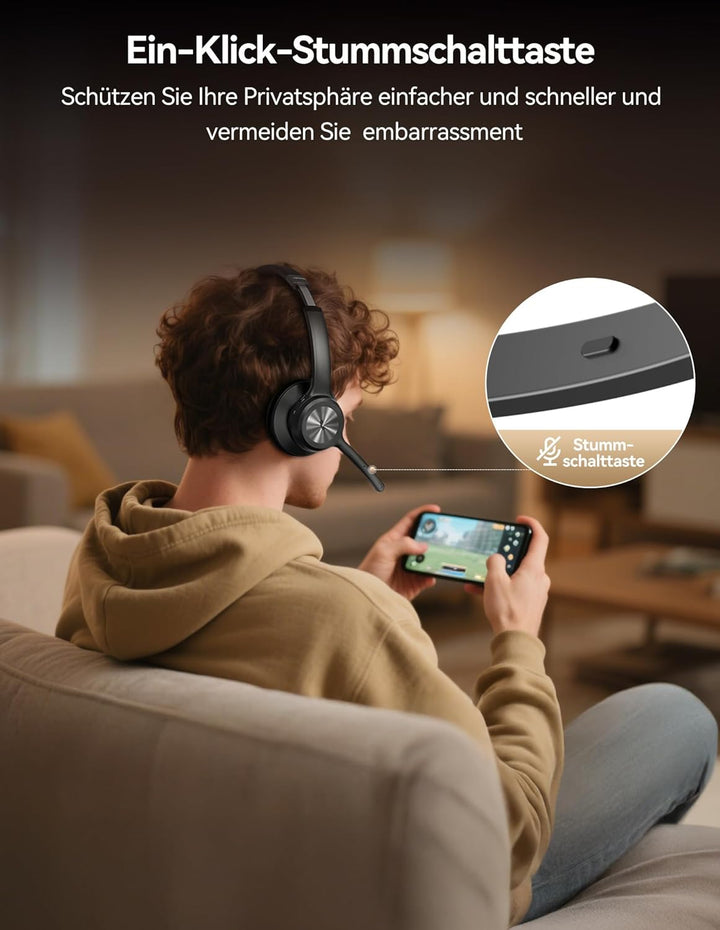 TECKNET Bluetooth Headset mit Mikrofon, Kabelloses Headset mit BT6.0 Technologie, Kopfhörer Kabellos