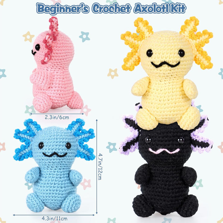 Weldomcor Häkelset für Anfänger, 4 Stück Axolotl Tiere Häkelset Häckeln Stricken für Anfänger Set mi