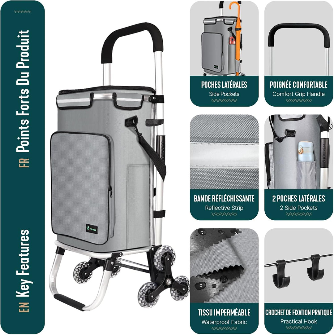 VOUNOT® Aluminium Einkaufstrolley Treppensteiger, 3 in 1 Trolly Einkaufswagen Klappbar, Hackenporsch