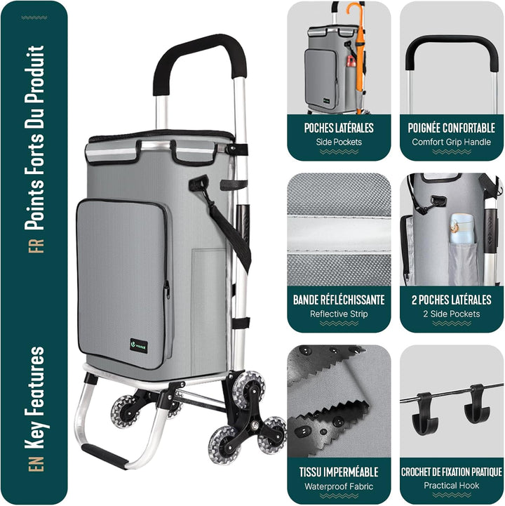 VOUNOT® Aluminium Einkaufstrolley Treppensteiger, 3 in 1 Trolly Einkaufswagen Klappbar, Hackenporsch