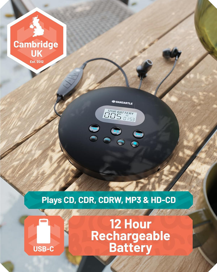 Oakcastle CD100 Tragbarer Retro-CD-Player mit Bluetooth, inklusive Kopfhörer mit Kabel, Kleiner CD P