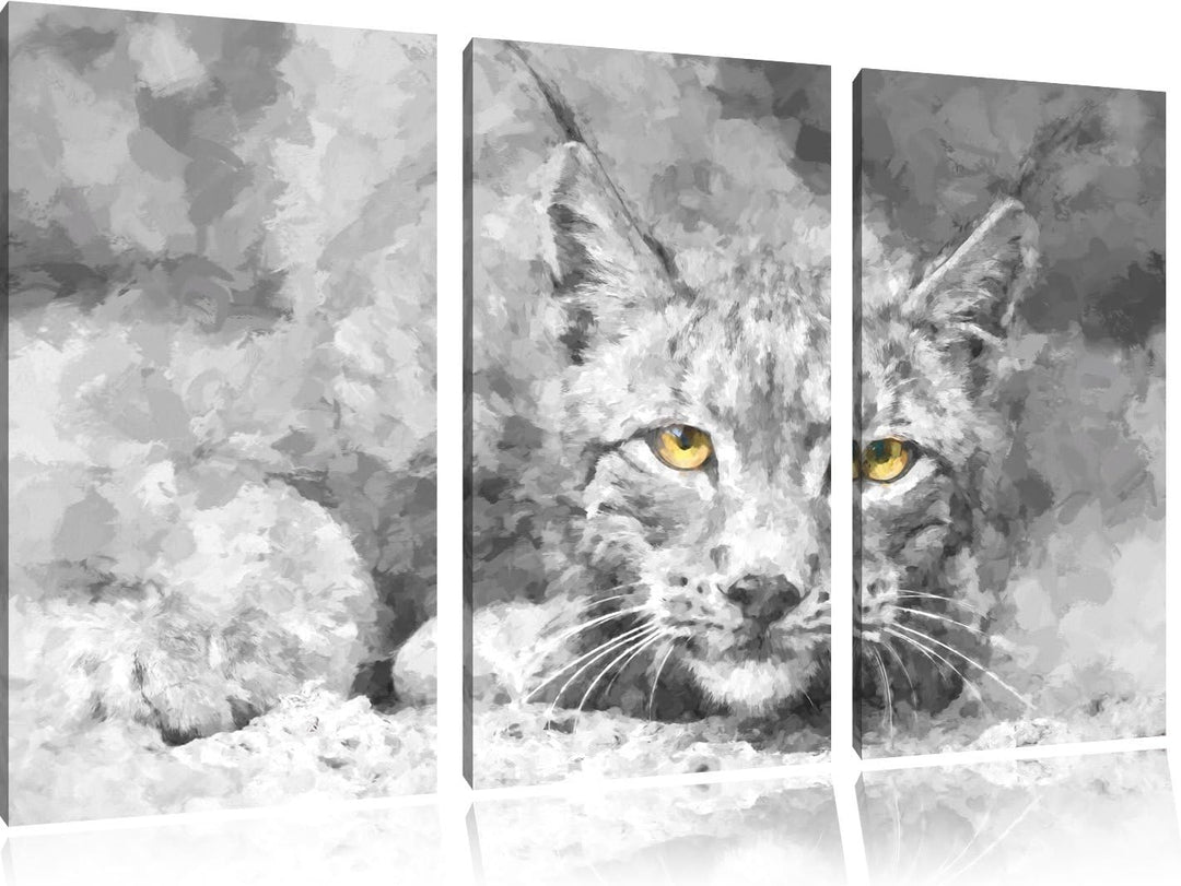 schöner wachsamer Luchs schwarz/weiss Deluxe 3-Teiler Leinwandbild 120x80 Bild auf Leinwand, XXL rie