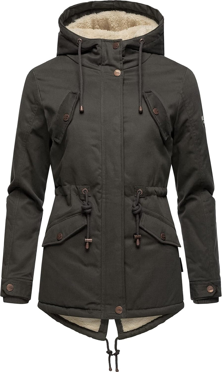 MARIKOO Damen warmer Winter Kurzmantel mit Kapuze Manolya XS-XXL XS Anthrazit, XS Anthrazit