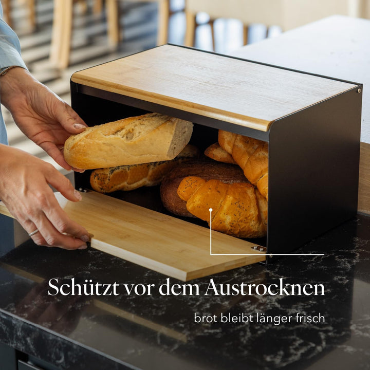 Florina Brotkasten BRUSTO 35,5 x 21,5 x 19,5 cm I Brotbox aus Stahl und Bambus-Deckel I Geräumiger u