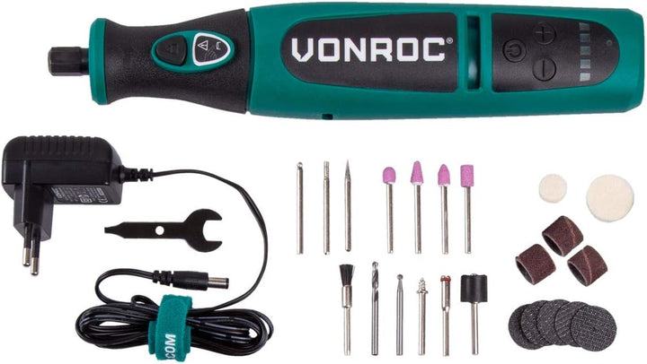 VONROC Mini-Multifunktionswerkzeug, 8 V, drehbar, mit 24 Zubehörteilen, Ladegerät und Schutzhülle fü