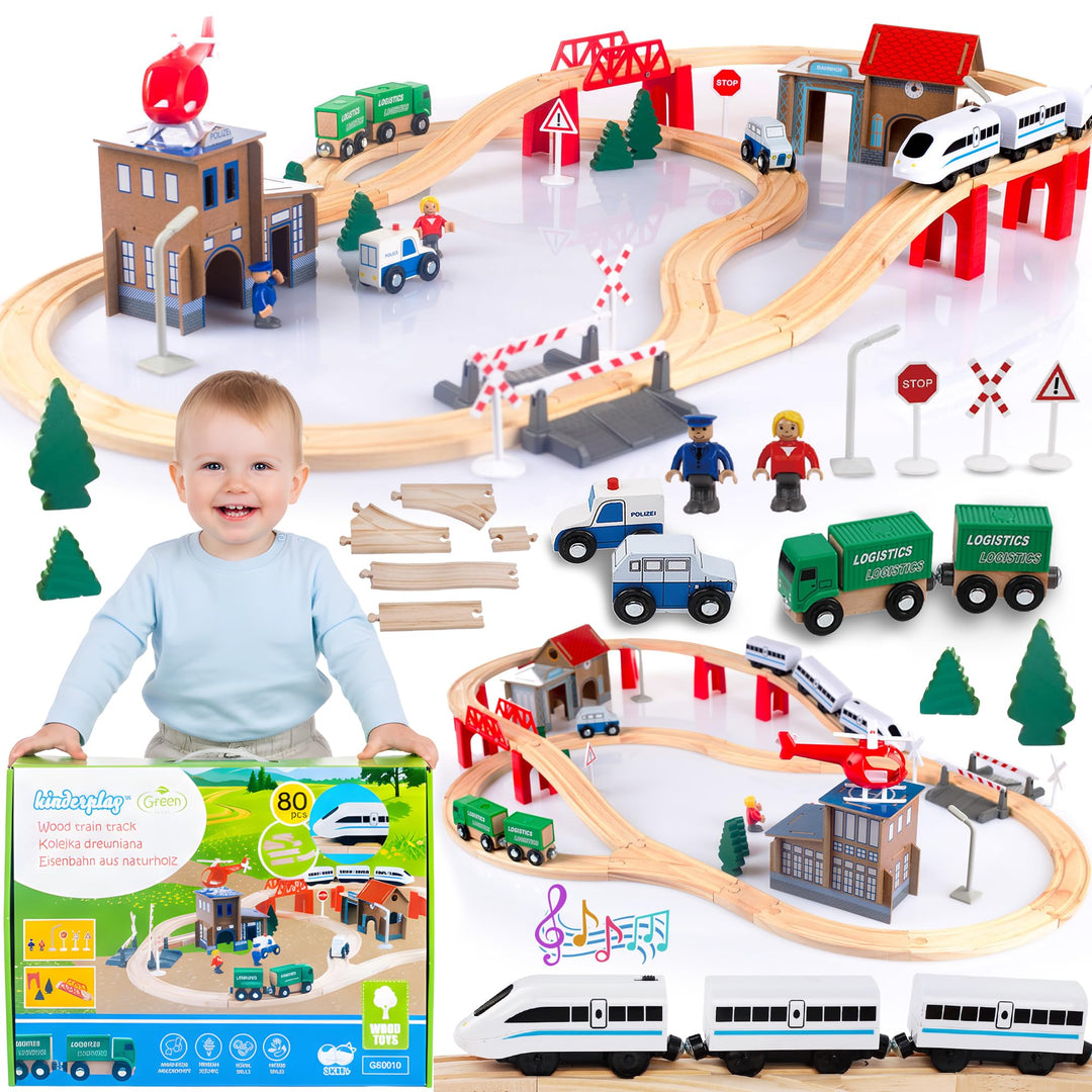 Green series Holzeisenbahn Set für Kinder - Eisenbahn Holz | Spielzeug Zug | Polizeistation, Autobah