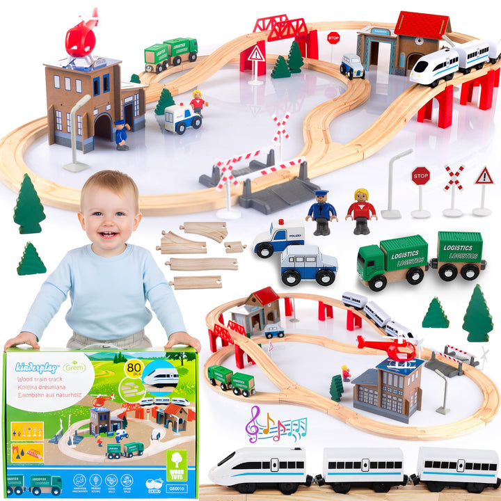 Green series Holzeisenbahn Set für Kinder - Eisenbahn Holz | Spielzeug Zug | Polizeistation, Autobah