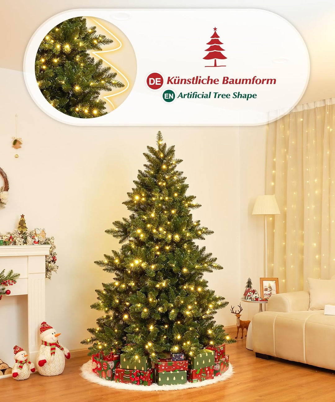 Yorbay Künstlicher Weihnachtsbaum mit Beleuchtung LED mit Holzständer für Weihnachten-Dekoration (18