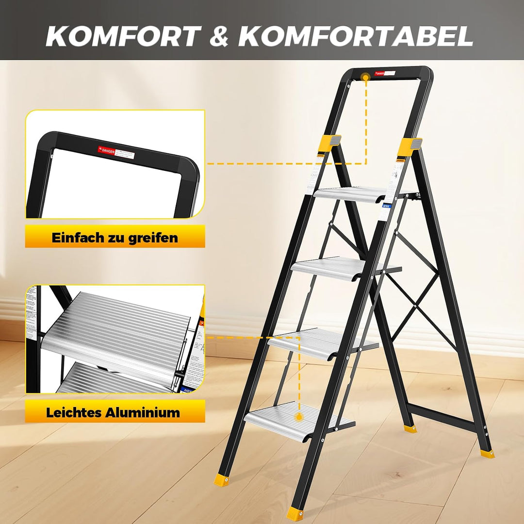 KINGRACK Trittleiter 4 Stufen Klappbar Aluminium, Klappleiter mit Handlauf, Haushaltsleiter Anti-Rut