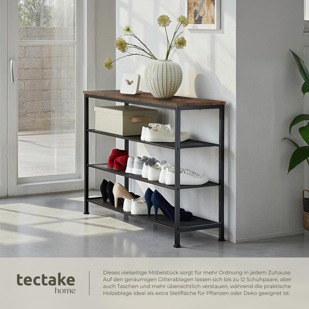 tectake 800952 Schuhregal schmal mit Ablagefläche, Schuhbank aus Holz Metall, Industrie-Design, 4 Eb