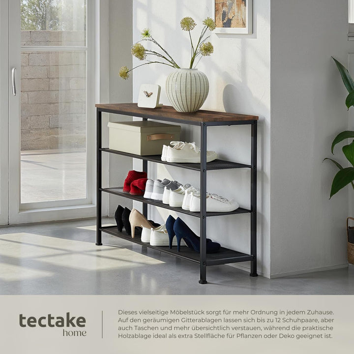 tectake 800952 Schuhregal schmal mit Ablagefläche, Schuhbank aus Holz Metall, Industrie-Design, 4 Eb