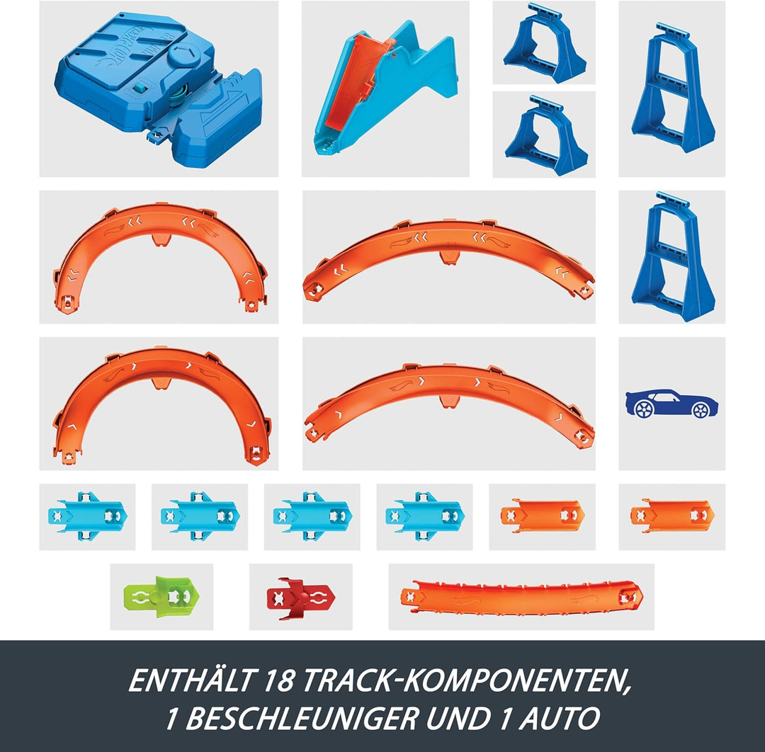 Hot Wheels Spielzeugauto Streckenset, Deluxe-Bauset mit motorisiertem Beschleuniger, Fahrzeug im Mas