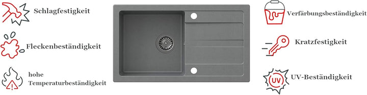 VBChome Spülbecken mit Armatur 77 x 44 cm Grau Granit Einzelbecken Einbauspüle Abtroffläche gesprenk