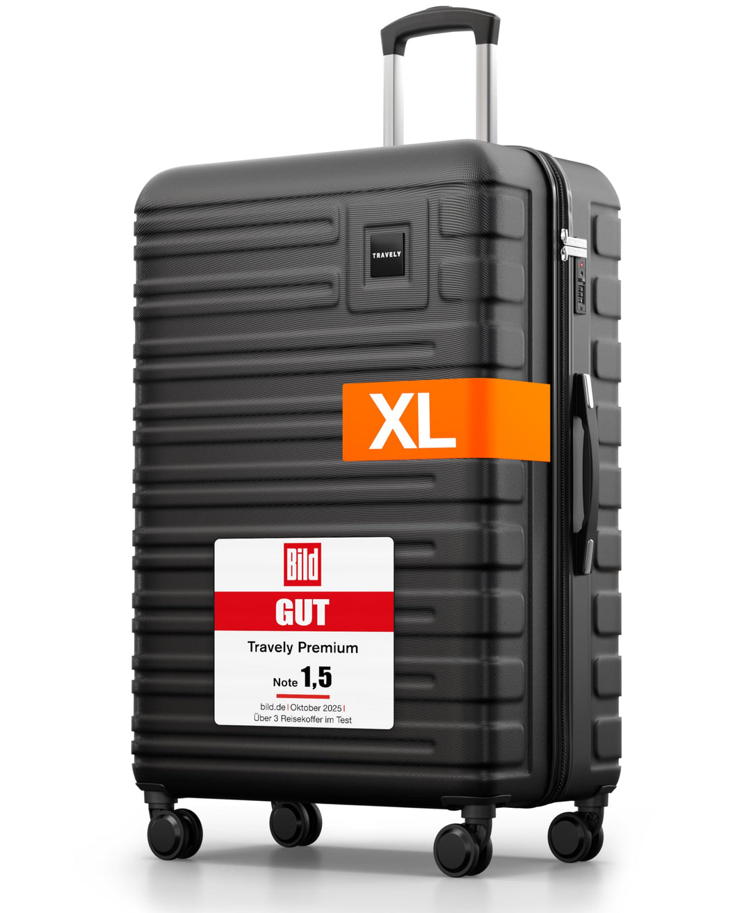 Travely Polycarbonat Koffer Gross 77cm XL - 100L Innenvolumen - 158cm Gurtmass, sehr robuster Hartsc