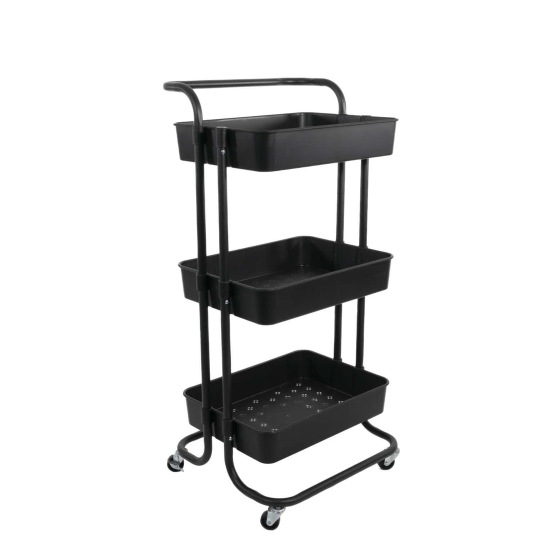 INTIRILIFE Rollwagen mit 3 Ebenen in Schwarz - 42 x 37 x 85.5 cm - Servierwagen mit Griff Aufbewahru
