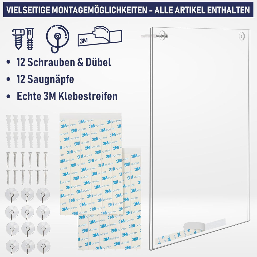 Acryl Schildhalter A4, 6 Stück, Transparenter Rahmen Papierhalter mit mehreren Befestigungsoptionen