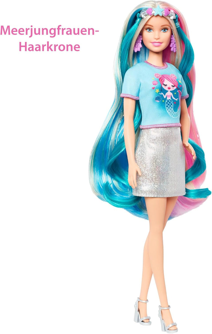 Barbie-Puppe, Einhorn-Barbie-Puppe mit Meerjungfrauenhaar und Einhorn-Haarkrönchen, Barbie-Accessoir