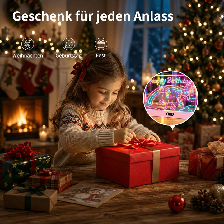 LED Zeichenbrett mit digitaler Akkuanzeige – 35x26cm Acryl Maltafel (Pink) mit 8 Farben & 7 Neon-Sti
