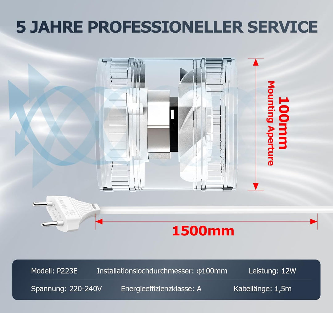 Rohrventilator 100 mm Regelbare Geschwindigkeit, 145m³/h Rauchabzug Ventilator, Rohrlüfter Leise mit