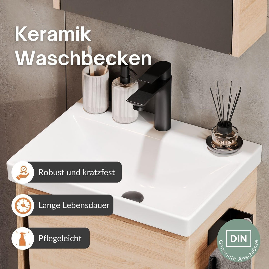 Planetmöbel Waschbeckenunterschrank mit Keramikwaschbecken & Spiegelschrank 50cm in Sonoma Eiche, mo