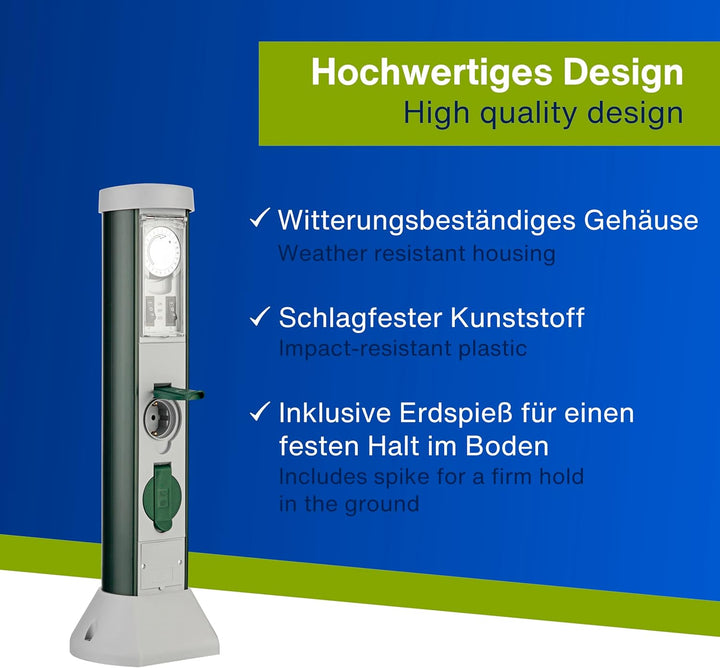 REV 0068206261 GreenCraft, Garten Steckdosen, H52cm, Kabel 10m, Zeitschaltuhr, IP44, grün 2-fach Ste