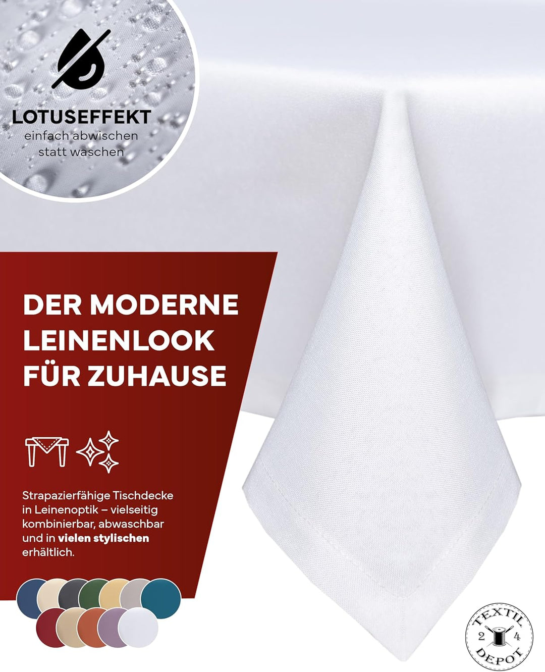 texpot Gartentischdecke 130 x 300 cm in Weiss mit Leinen Optik Lotuseffekt Fleckschutz Bügelfrei Tis