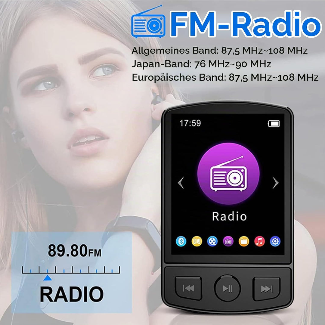 MP3 Player Bluetooth, Tragbarer digitaler Musikplayer mit Lautsprecher, Sprachaufzeichnung Eingebaut