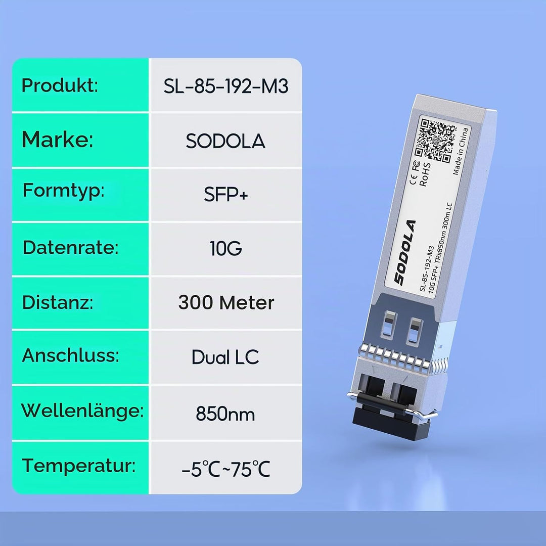 10GBase-SR SFP+ Transceiver, 850nm MMF, bis zu 300 Meter, Kompatibel mit Cisco SFP-10G-SR, Meraki MA