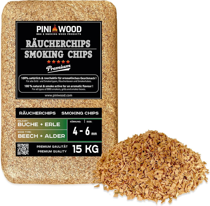 PINI 15 Kg Räucherchips Buche und Erle gemischt 4-6 mm Smoking Chips Räucherspäne